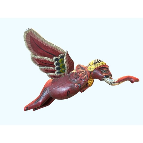 Hand-Carved Vintage Flying Elephant Figurine With Painted Wings & Trunk Detail - Picture 4 of 16